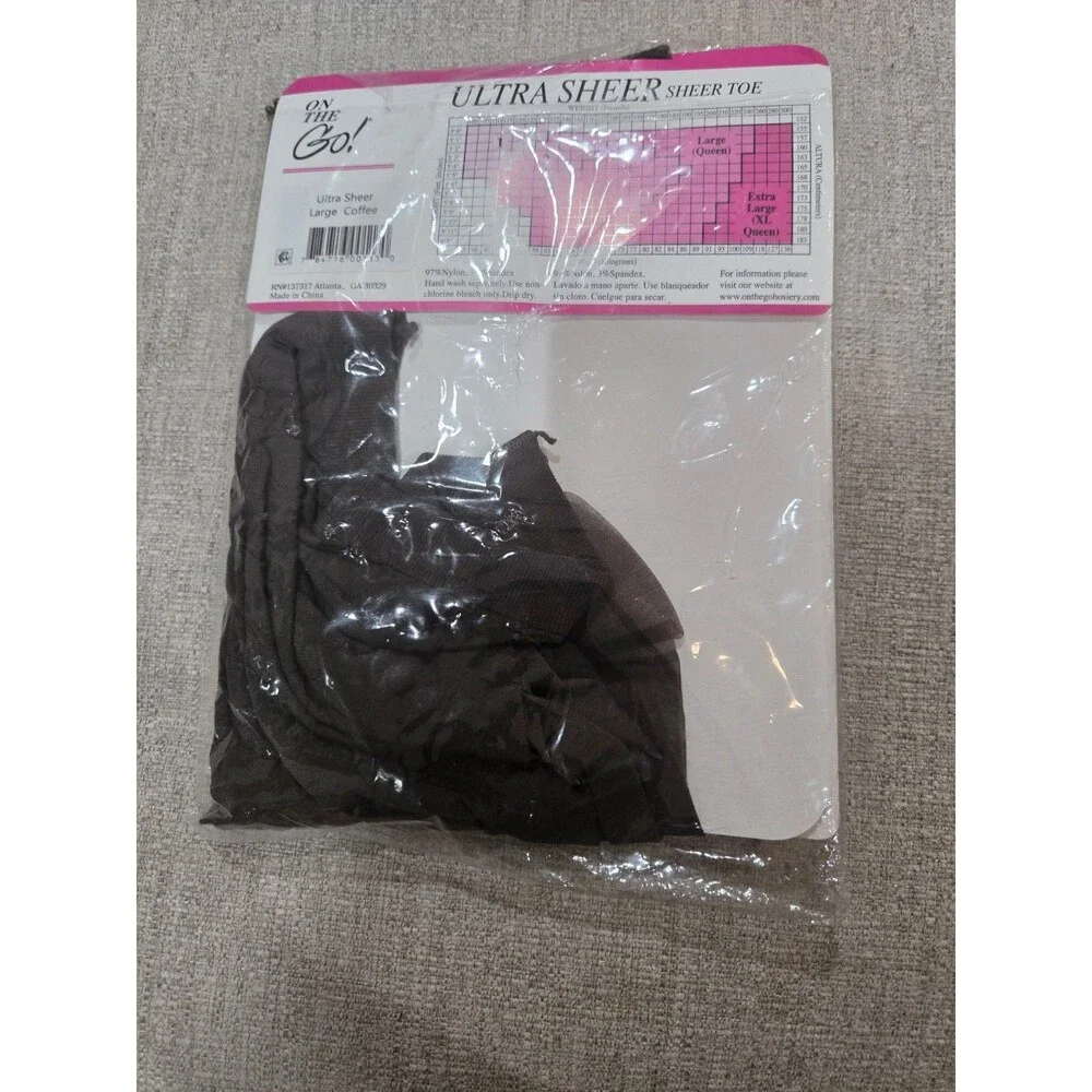 On The Go! Ultra Sheer Pantyhose Large Coffee Sheer Toe Sealed New